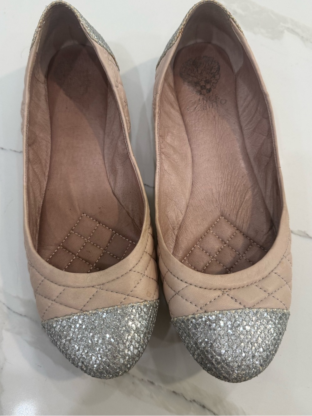 Ballet Flats - Blush Pink with Silver Glitter Cap Toe nu Vince Camuto